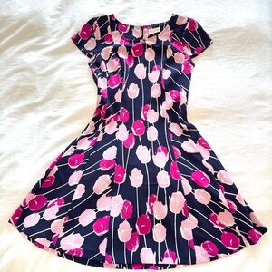 Maison Jules Pink and Blue Fit and Flare Dress with Flutter Cap Sleeves